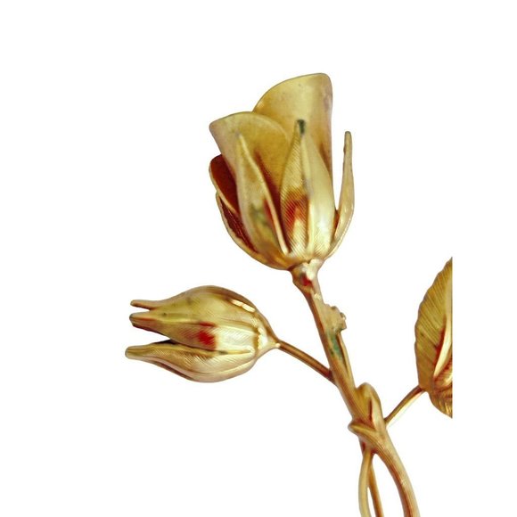 Goldtone Pin Brooch Single Long Stem Rose and Bud 2 5/8" - Picture 3 of 6